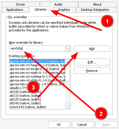 screenshot of winecfg configuration